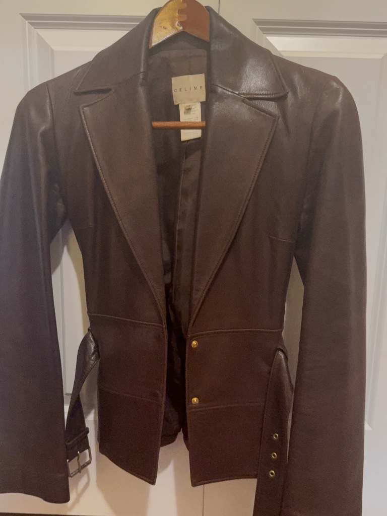 Cline Vintage Brown Leather Jacket Blazer Size 36 Tailored Belted Designer